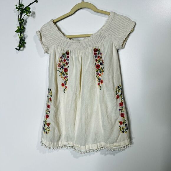 Moulinette Soeurs Anthropologie White Cotton Floral Embroidered Top Pom Tassels - Picture 10 of 10